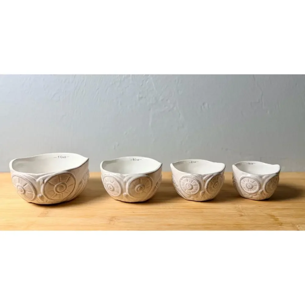 Vintage 1970s Ceramic Owl Nesting Measuring Cups, Set of 4